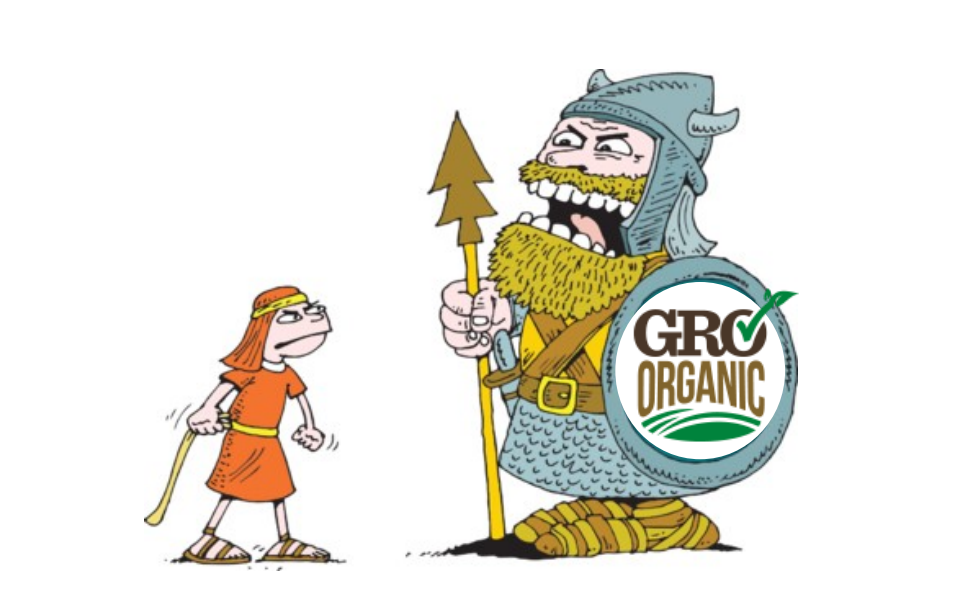 An anti-checkoff cartoon portrays producers as David facing off against Goliath | Northeast Organic Producers Alliance