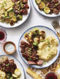 A Blue Apron grass-fed beef recipe, seared steaks and mashed potatoes with roasted Brussels sprouts and steak sauce. (Blue Apron)